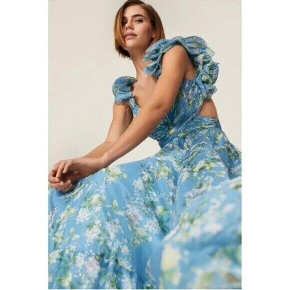 Ieena Mac Duggal Ruffle Tiered Floral Cutout Chiffon Gown 10 Blue Lace Up - Picture 5 of 9